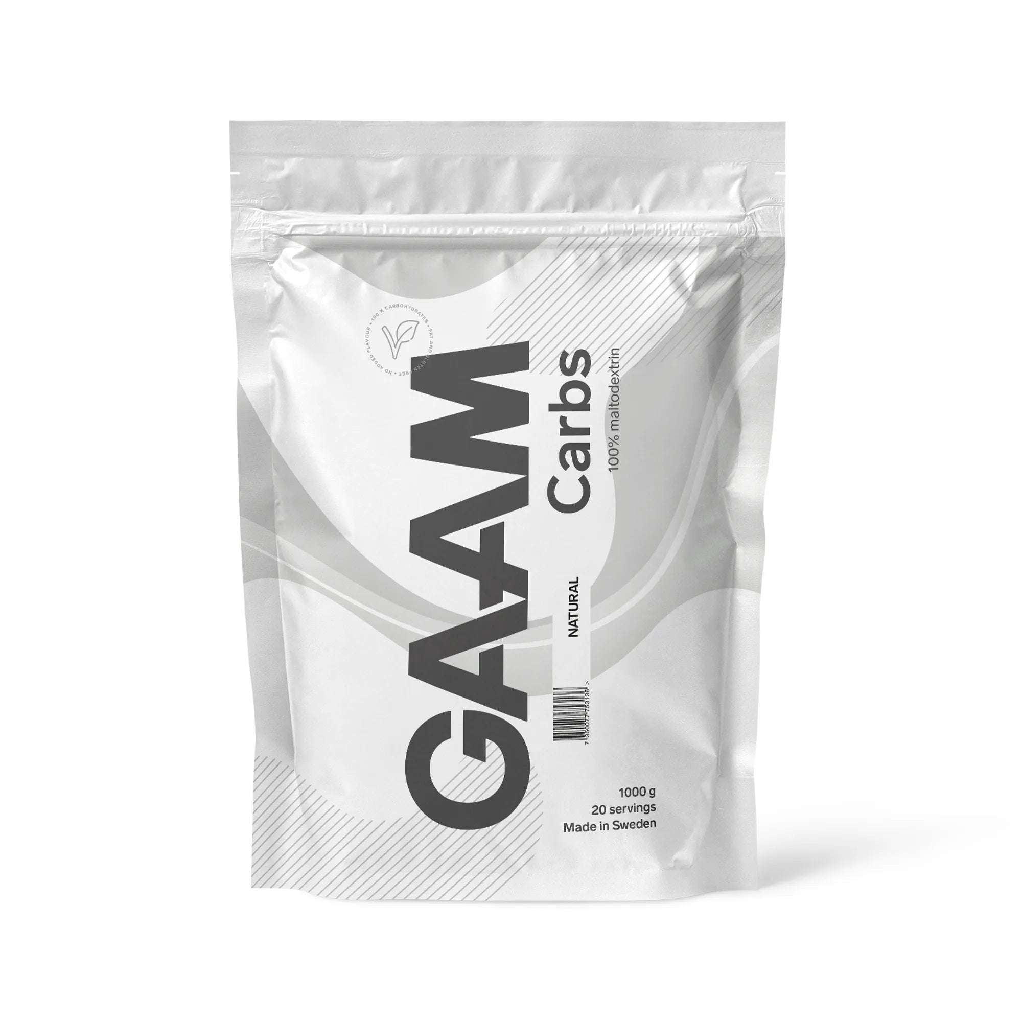 GAAM Carbs - 100% Maltodextrin 1 kg -energialisä tyylikkäässä valkoisessa pussissa.