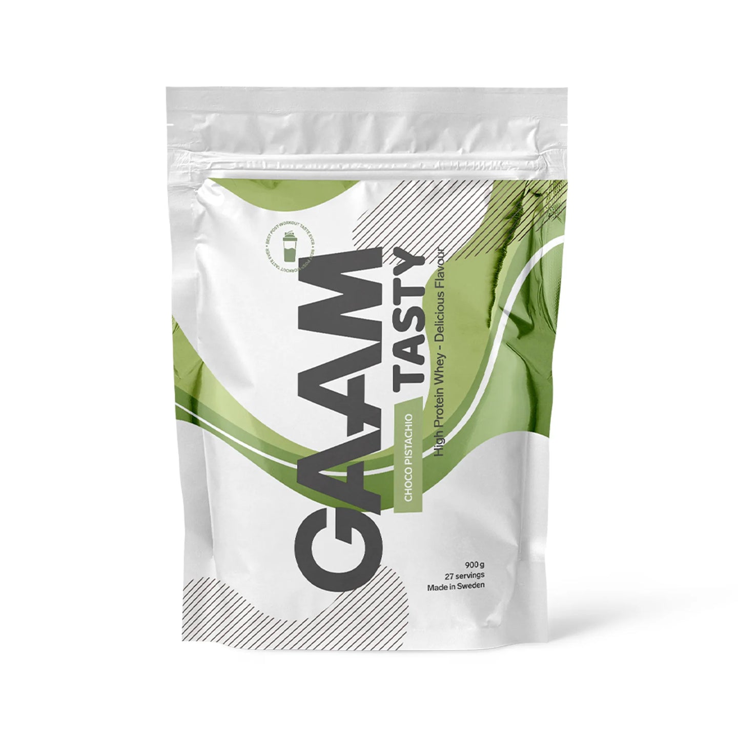 GAAM Tasty Whey 900 g -proteiinijauhe valkoisessa pussissa vihreillä yksityiskohdilla, makuna Choco Pistachio.