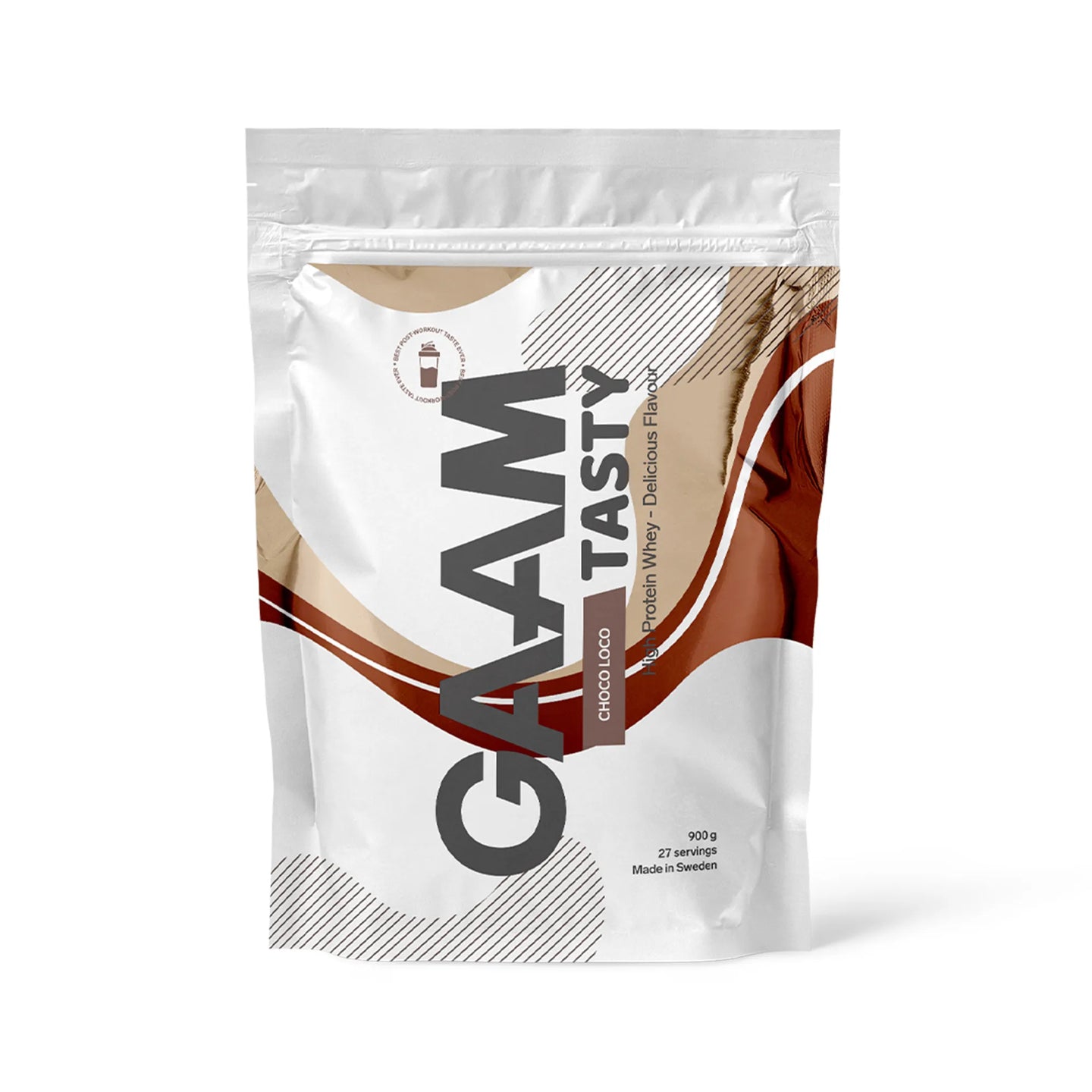 GAAM Tasty Whey 900 g -proteiinijauhe makuna Choco Loco, valkoisessa pussissa ruskeilla yksityiskohdilla.