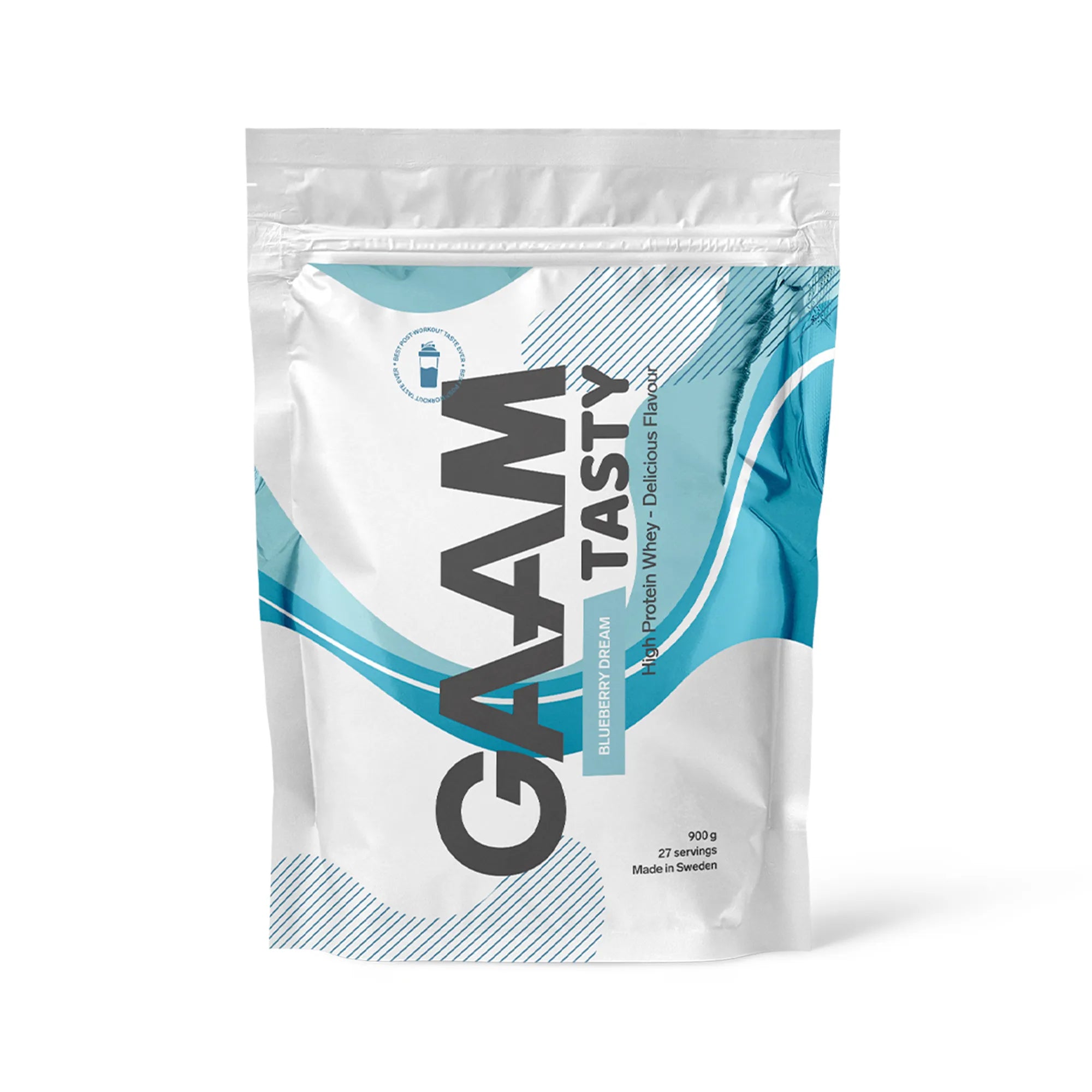 GAAM Tasty Whey 900 g -proteiinijauhe valkoisessa pussissa sinisillä yksityiskohdilla, makuna Blueberry Dream.