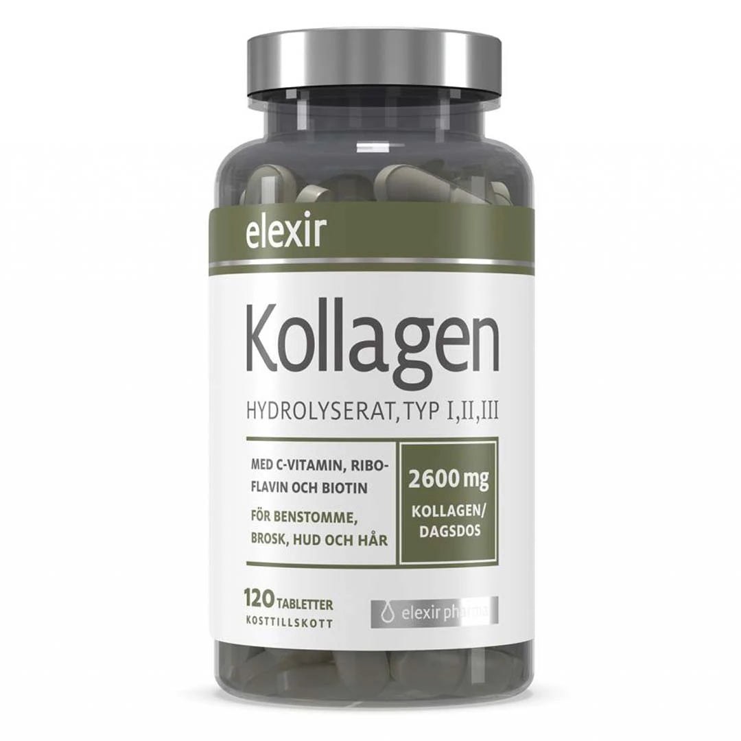 Elexir Pharma Kollagen Hydrolyserat 120 tabs tummassa läpikuultavassa purkissa valkoisella etiketillä ja hopeakannella.