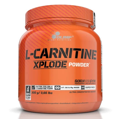 Olimp L-Carnitine Xplode 300 g -aminohappojauhe oranssissa purkissa, jossa on musta teksti.