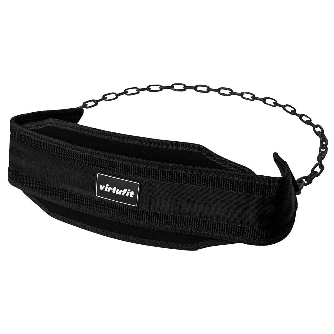 Musta nyloninen Virtufit Nylon Dip Belt Black -dippivyö tukevalla teräsketjulla lisäpainoharjoitteluun.