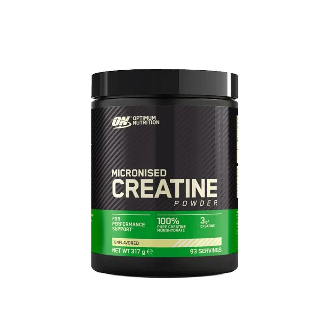 Optimum Nutrition Creatine Powder 317 g mustassa purkissa, jossa on vihreä etiketti ja teksti Micronised Creatine.