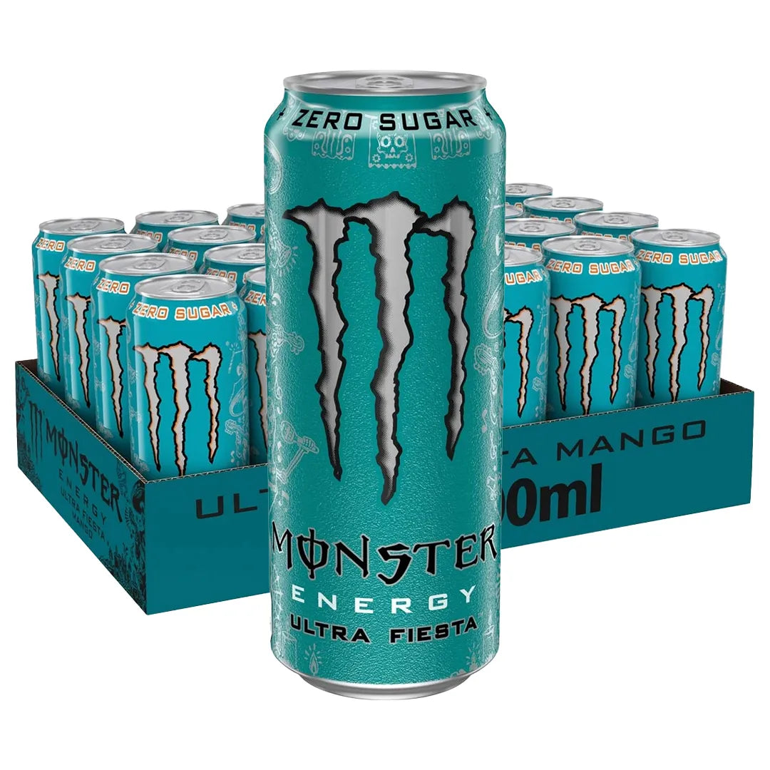 24 x Monster Energy 500 ml Ultra Fiesta -sokerittomia energiajuomatölkkejä turkoosissa laatikossa.