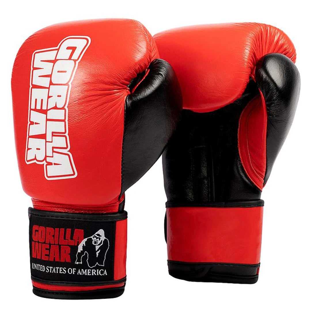 Gorilla Wear Ashton Pro Boxing Gloves Red & Black -ammattilaisnyrkkeilyhanskat punaista ja mustaa nahkaa.