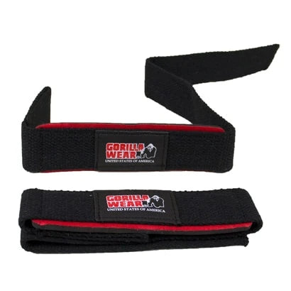 Mustat Gorilla Wear Padded Lifting Straps -vetoremmit puuvillaa ja neopreenia, joissa on punainen pehmuste ja logo.