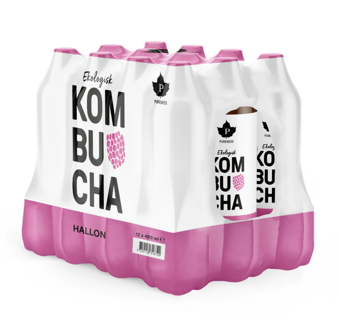 12 x Pureness Kombucha Eko 400 ml Mixflak valkoisessa ja vaaleanpunaisessa muovipakkauksessa, makuna vadelma.