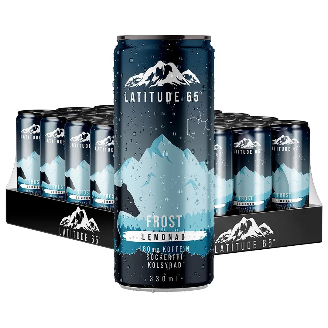 24 x Latitude 65 330 ml Frost - Lemonad mustassa laatikossa sinisillä tölkeillä, joissa on lumisia vuoristoyksityiskohtia.