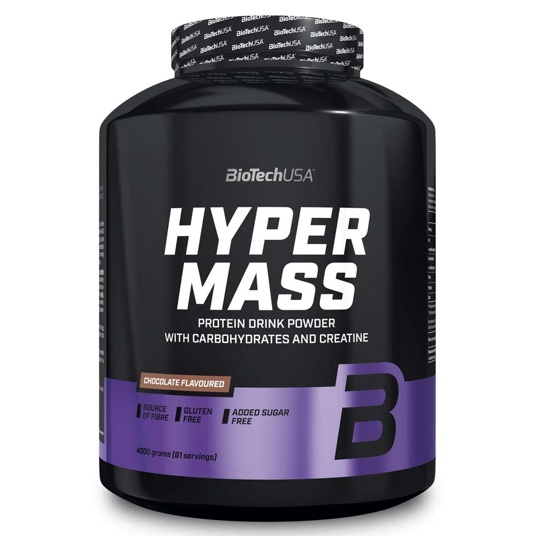 BioTechUSA Hyper Mass 4 kg -massanlisääjä mustassa purkissa liiloilla yksityiskohdilla, makuna Chocolate.