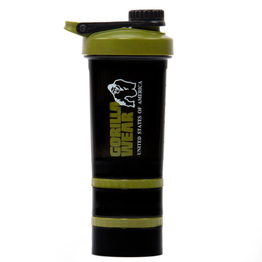 Musta ja armeijanvihreä Gorilla Wear Shaker 2 Go 760 ml -muovishaker, jossa on ylimääräinen säilytyslokero.