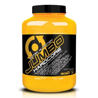Scitec Nutrition Jumbo Hardcore 3060 g -gainer isossa keltaisessa muovipurkissa, jossa on musta kansi ja etiketti.