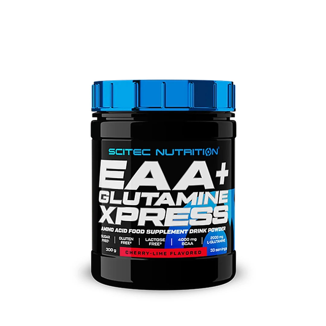 Scitec Nutrition EAA + Glutamine 300 g -aminohappoja mustassa sinikantisessa purkissa, makuna Cherry-Lime.