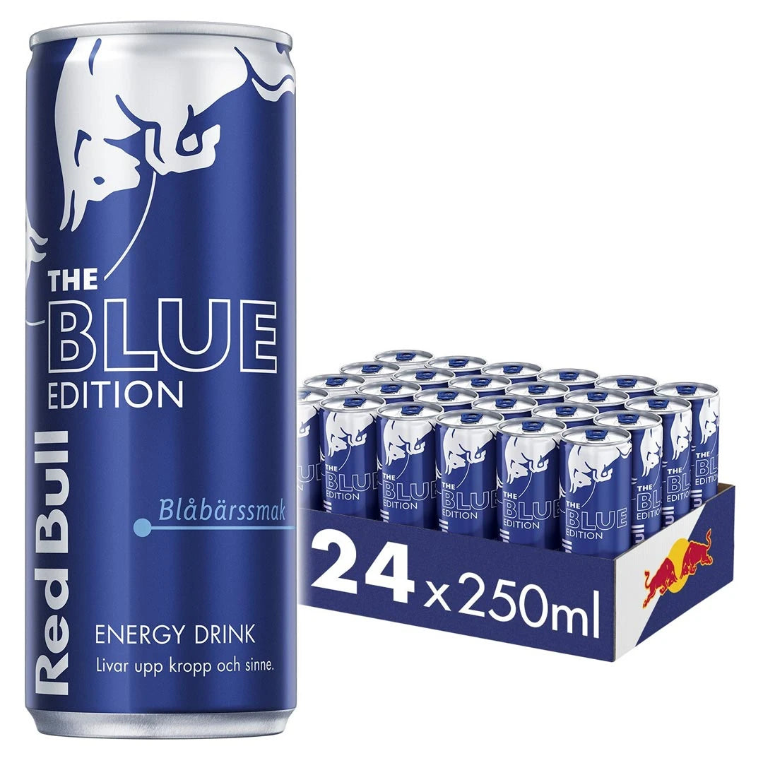 24 x Red Bull Energidryck 250 ml Blue Edition - Blåbär sinisessä lavassa mustikanmakuisilla sinisillä tölkeillä.