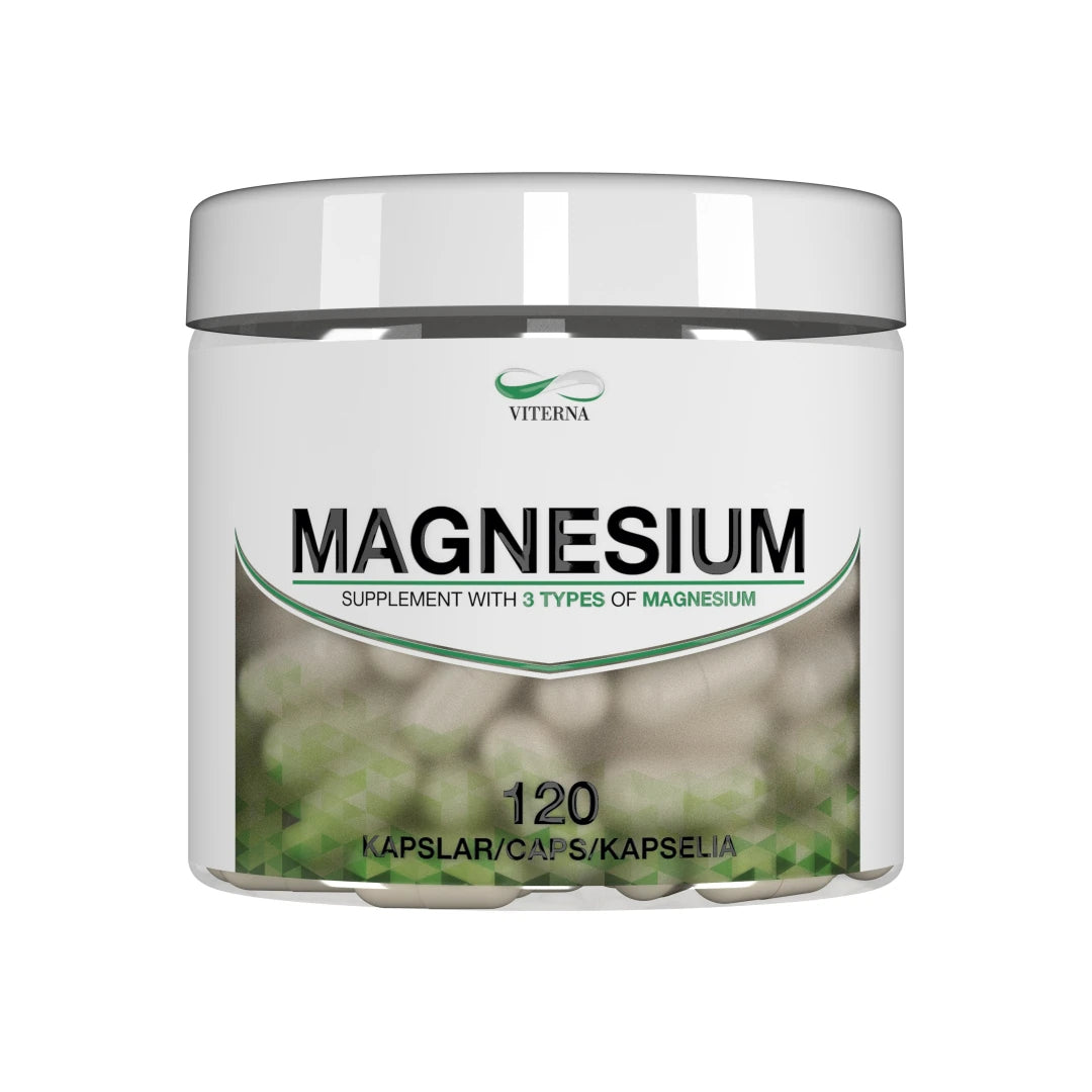 Viterna Magnesium 120 caps valkoisessa muovipurkissa tyylikkäillä vihreillä yksityiskohdilla.