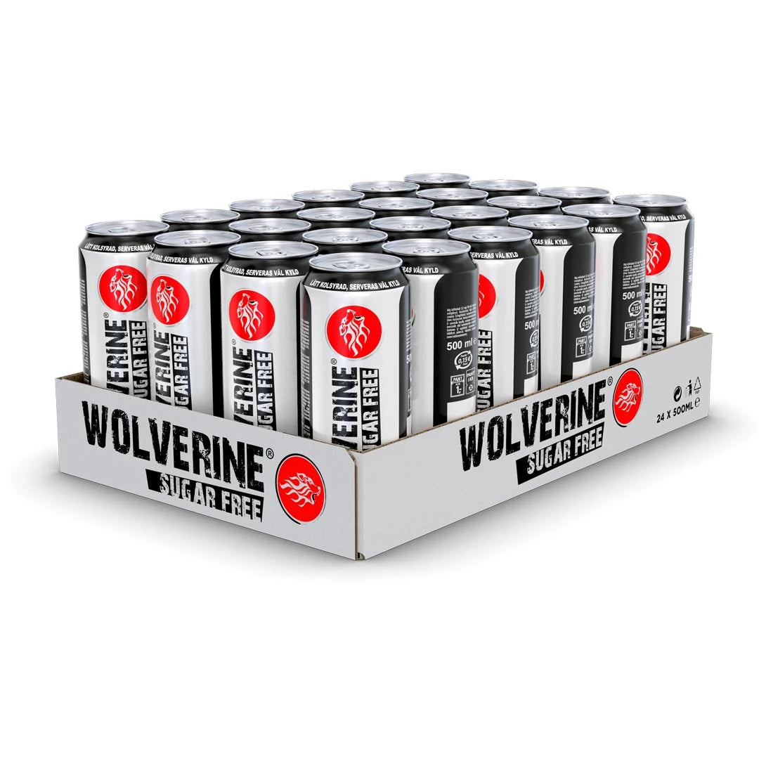 24 x Wolverine Energy Drink 500 ml Sugarfree valkoisessa laatikossa hopea-mustia energiajuomatölkkejä punaisilla logoilla.