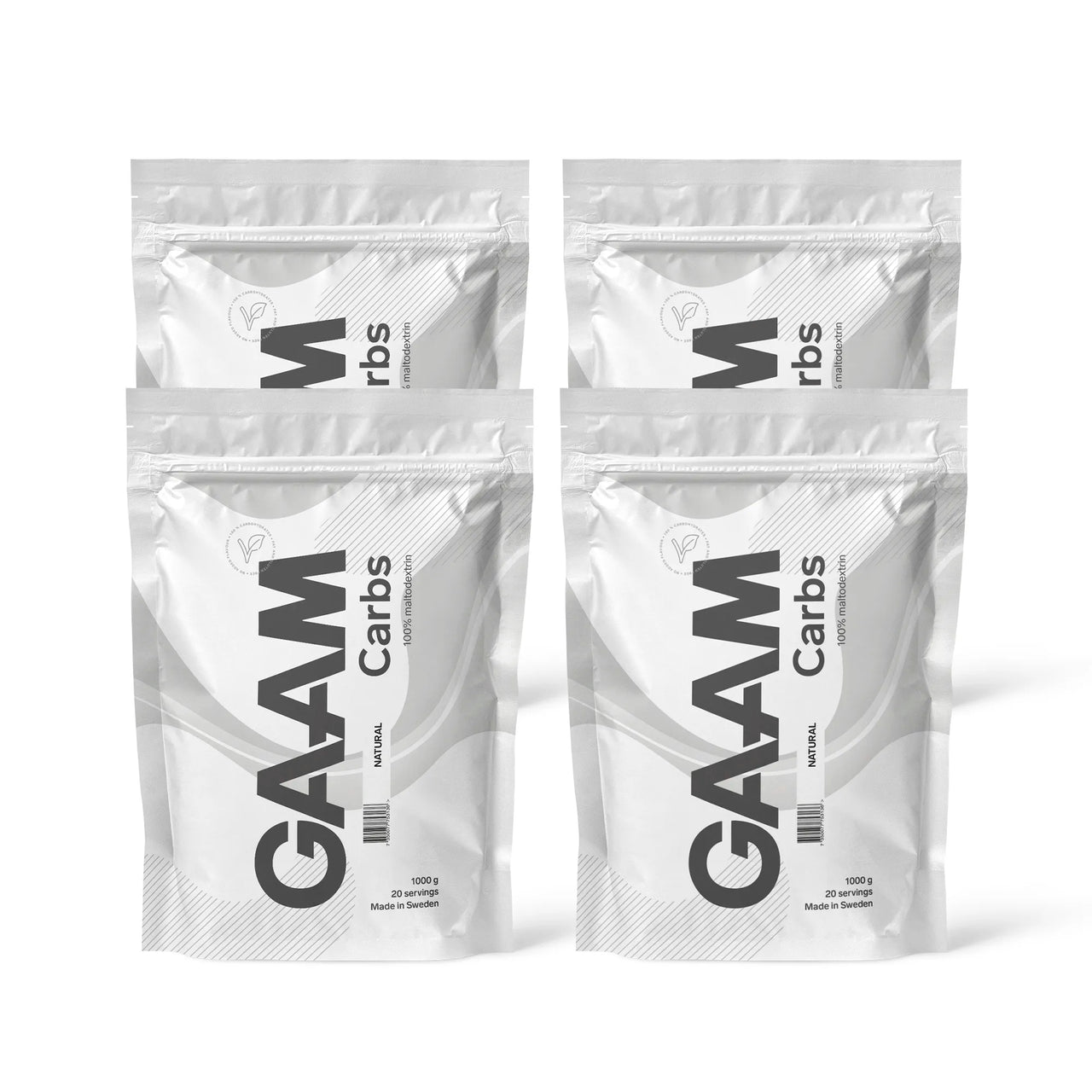 4 x GAAM Carbs - 100% Maltodextrin 1 kg i vita påsar med svarta detaljer för smaken Naturell.