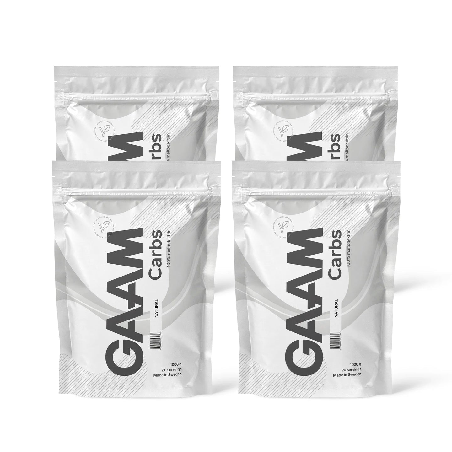 4 x GAAM Carbs - 100% Maltodextrin 1 kg i vita påsar med svarta detaljer för smaken Naturell.