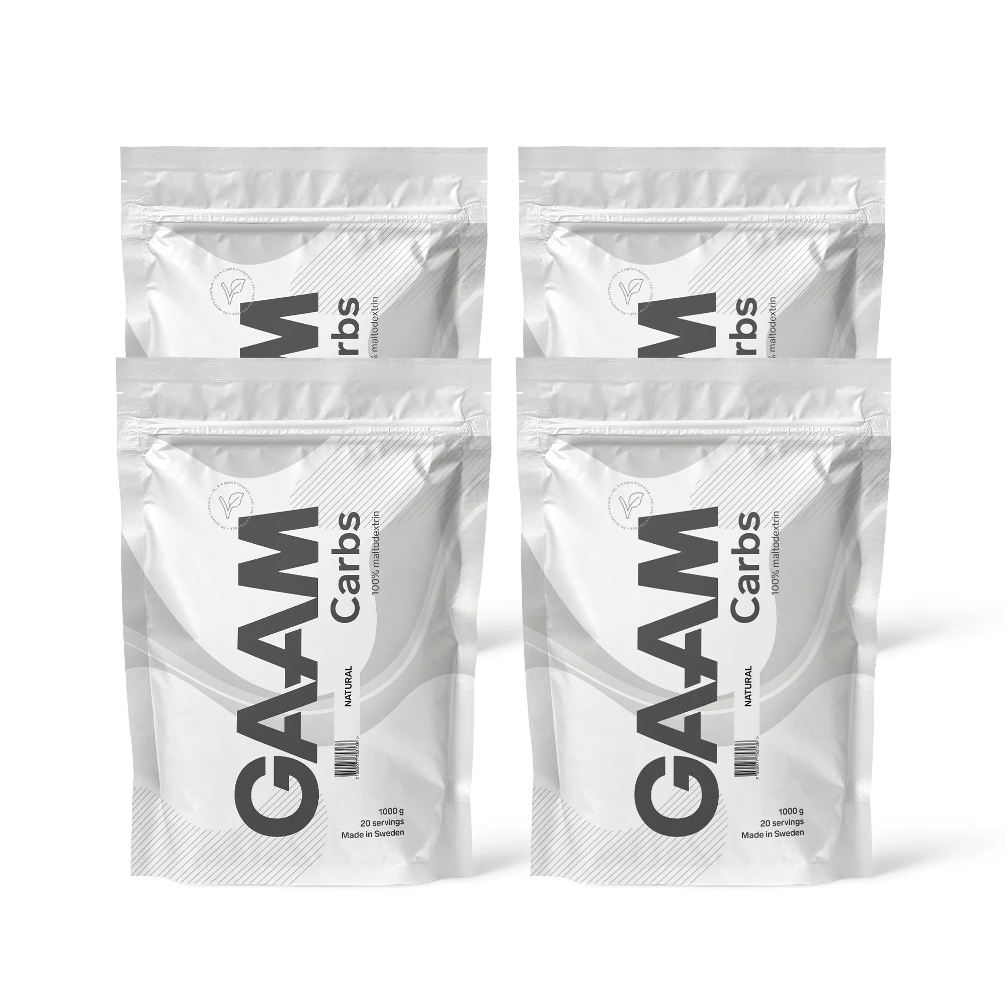 4 x GAAM Carbs - 100% Maltodextrin 1 kg i vita påsar med svarta detaljer för smaken Naturell.