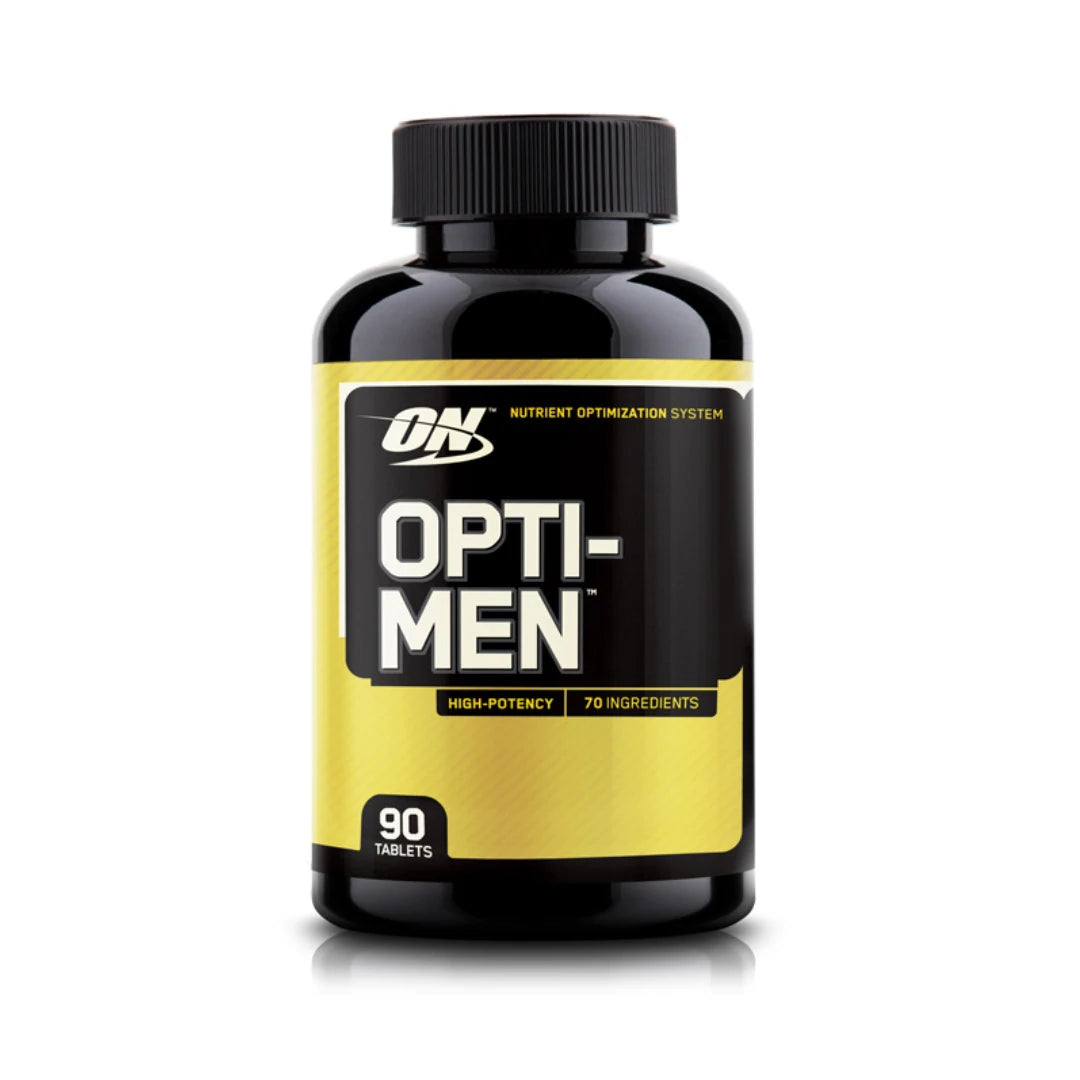 Optimum Nutrition Opti-Men 90 tabs mustassa purkissa, jossa on keltainen etiketti ja valkoinen teksti.