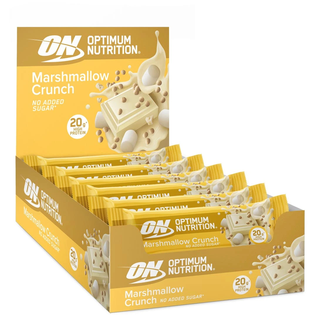 10 x Optimum Nutrition Protein Bar 65 g Marshmallow Crunch kelta-valkoisessa esittelylaatikossa, jossa on yhteensopivia patukoita.