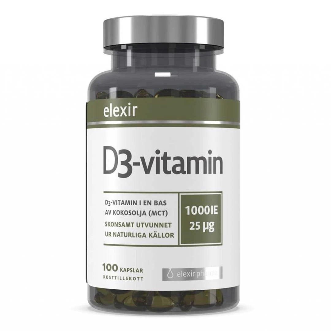 Elexir Pharma D3 Vitamin 1000IE 100 caps läpinäkyvässä hopeakantisessa purkissa valkovihreällä etiketillä.