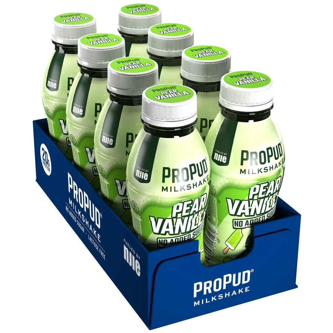 8 x NJIE ProPud Protein Milkshake 330 ml Pear Vanilla vaaleanvihreissä, valkokorkkisissa pulloissa sinisessä pakkauksessa.
