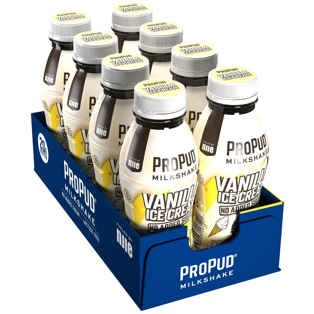 8 x NJIE ProPud Protein Milkshake 330 ml Vanilla Ice Cream sinisessä laatikossa, jossa on kermanvalkoisia pulloja.