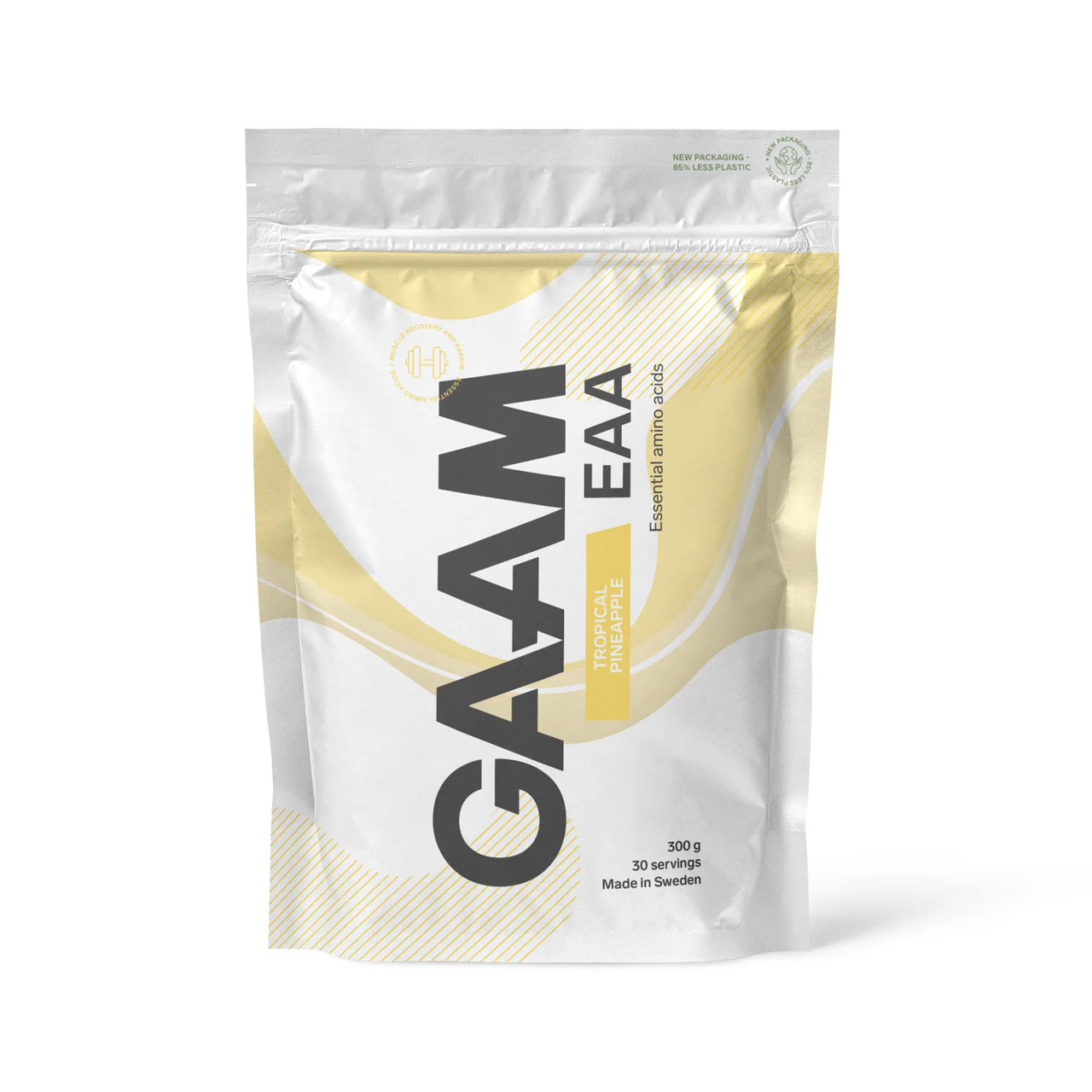 GAAM EAA 300 g -aminohappojauhe valkoisessa pussissa keltaisilla yksityiskohdilla, makuna Tropical Pineapple.