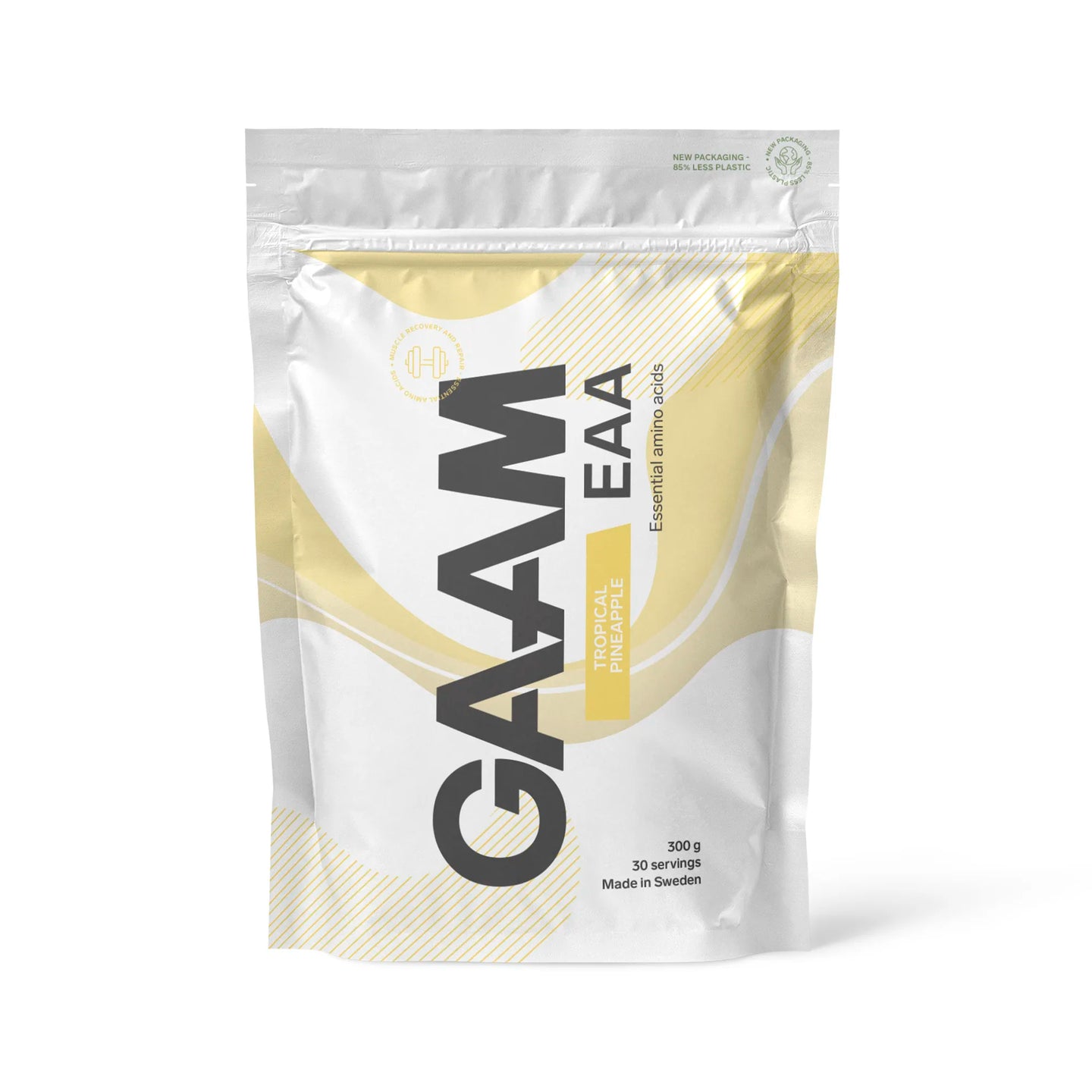 Valkoinen pussi GAAM EAA 300 g -aminohappojauhetta maussa Tropical Pineapple, keltaisilla kuvioilla.