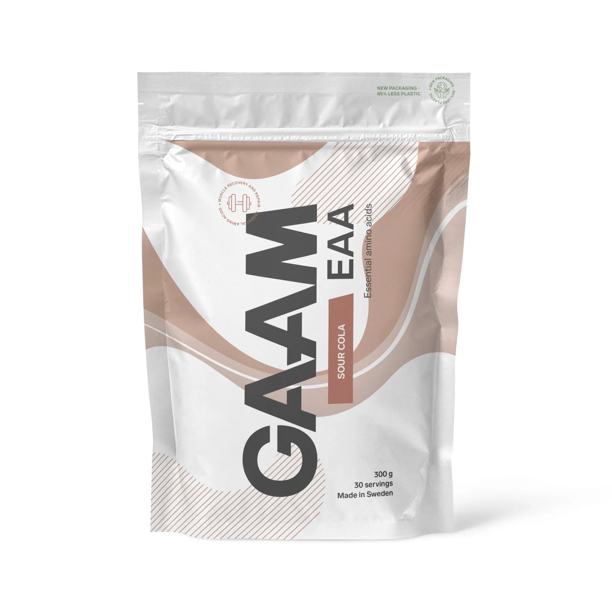 Valkoinen pussi GAAM EAA 300 g -aminohappojauhetta maussa Sour Cola.