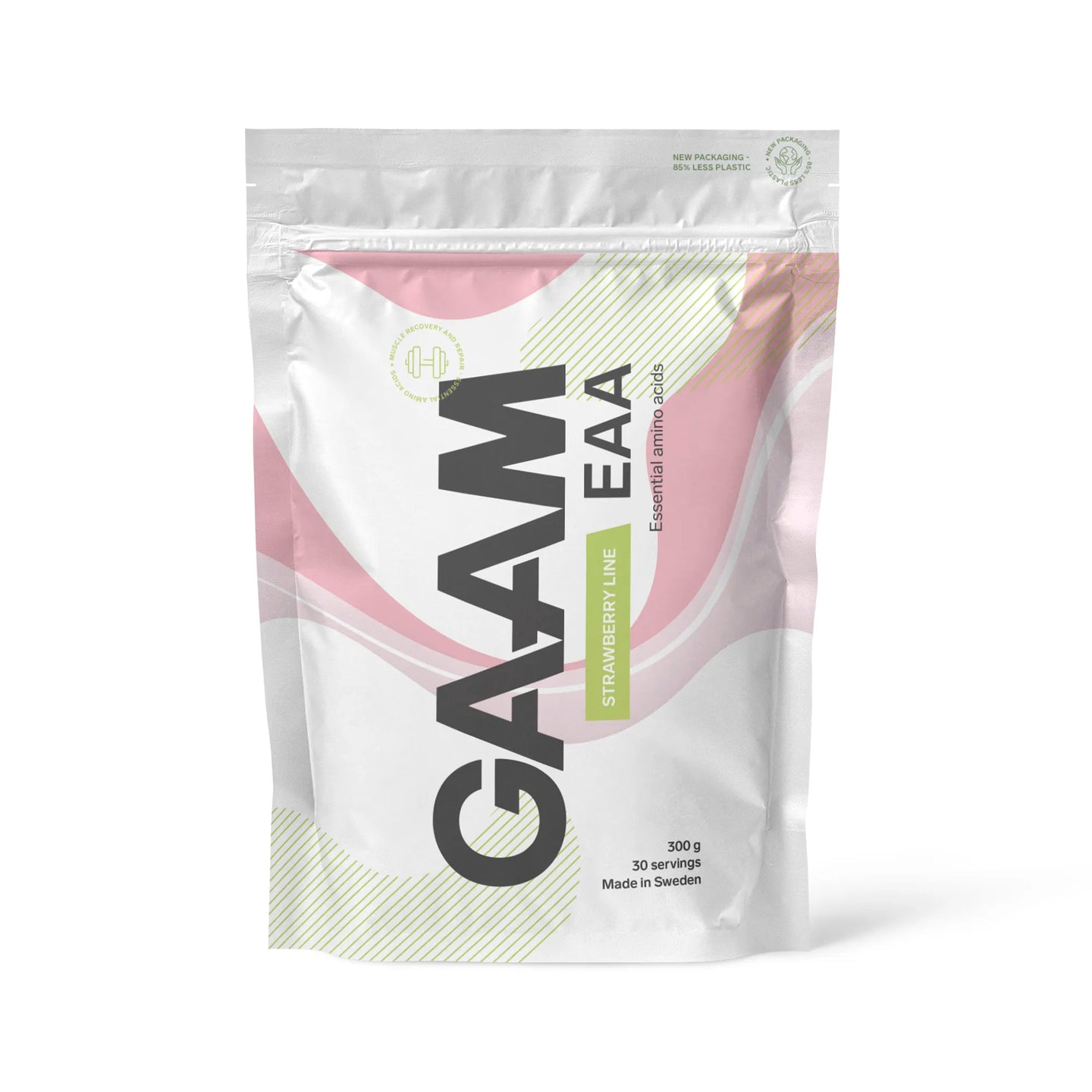 GAAM EAA 300 g -aminohapot makuna Strawberry Lime, valkoisessa pussissa pinkeillä ja vihreillä yksityiskohdilla.