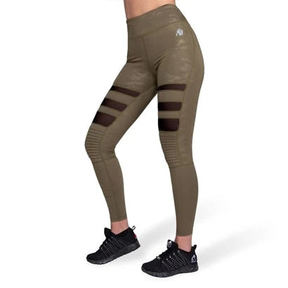 Gorilla Wear Savannah Biker Tights Army Green Camo -armeijanvihreät treenitrikoot mustilla verkkopaneeleilla., kuva 1/2