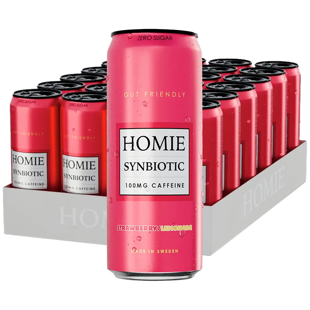 24 x Homie Wake Up Synbiotic 330 ml Strawberry Lemonade vaaleassa laatikossa, joka on täynnä vaaleanpunaisia tölkkejä.