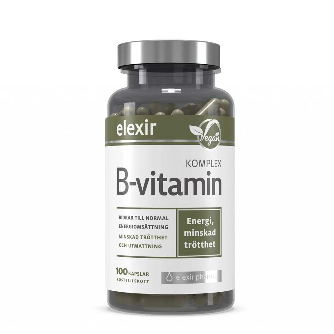Elexir Pharma B-Vitamin Komplex 100 caps tummassa läpinäkyvässä purkissa hopeisella kannella ja valkoisella etiketillä.