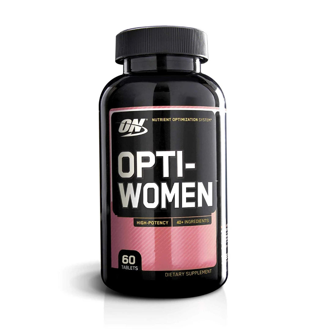 Optimum Nutrition Opti-Women 60 tabs -ravintolisä mustassa purkissa pinkeillä ja mustilla yksityiskohdilla.