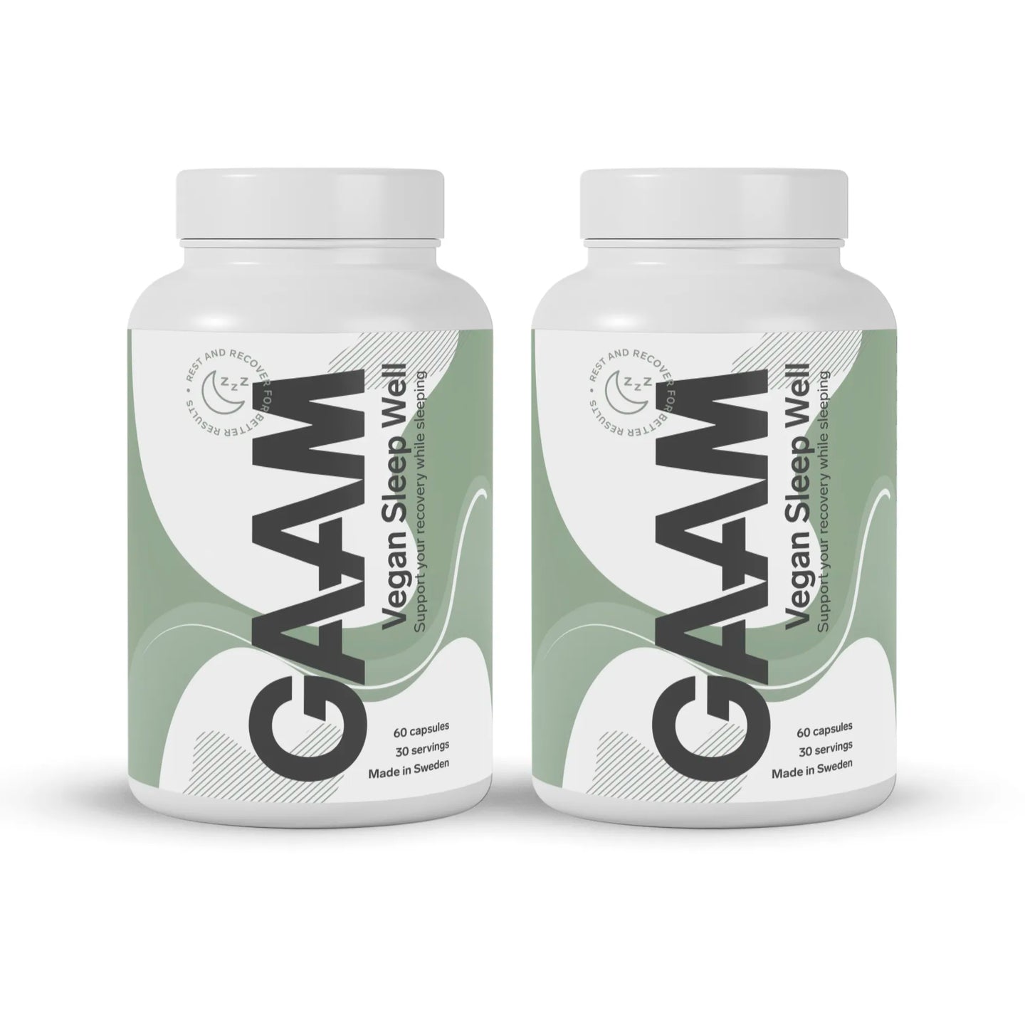 GAAM Vegan Sleep Well 120 caps palautumiseen kahdessa valkoisessa purkissa vihreillä yksityiskohdilla.