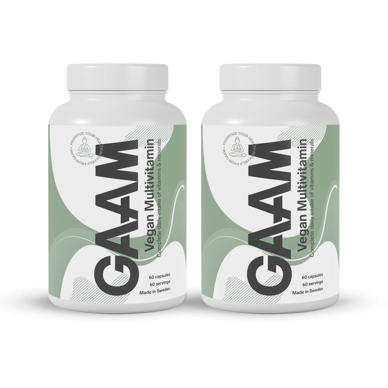 2 x GAAM Vegan Multivitamin 60 caps kahdessa valkoisessa purkissa vihreä-valkoisella etiketillä.