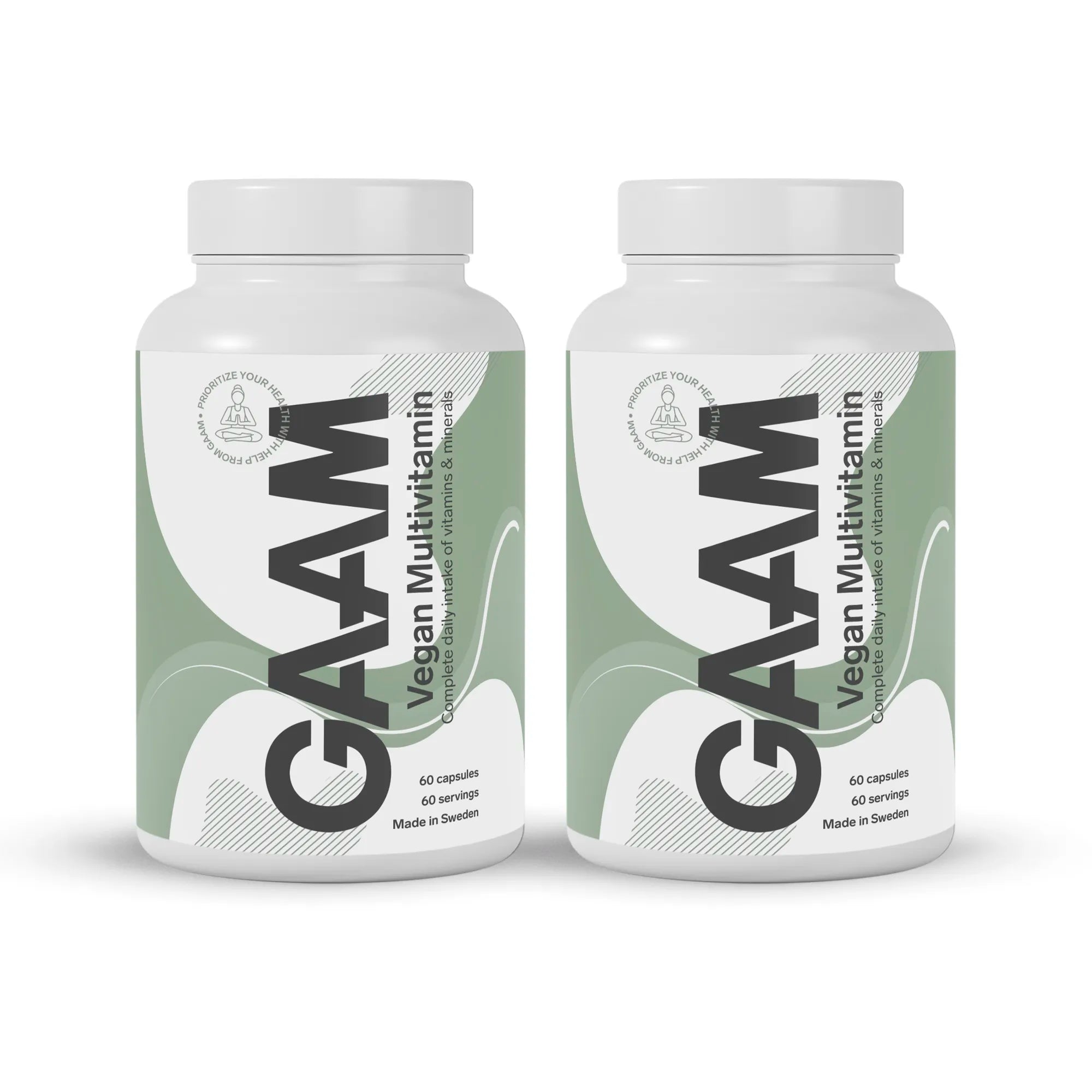2 x GAAM Vegan Multivitamin 60 caps kahdessa valkoisessa purkissa vihreä-valkoisella etiketillä.