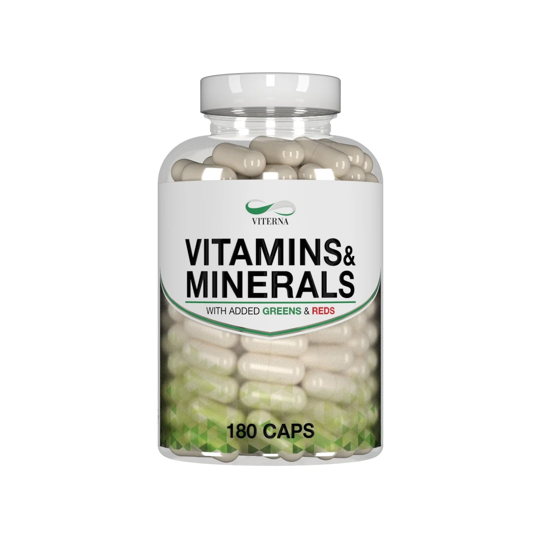 Viterna Vitamins & Minerals 180 caps läpinäkyvässä purkissa valkoisella etiketillä, täynnä vaaleita kapseleita.