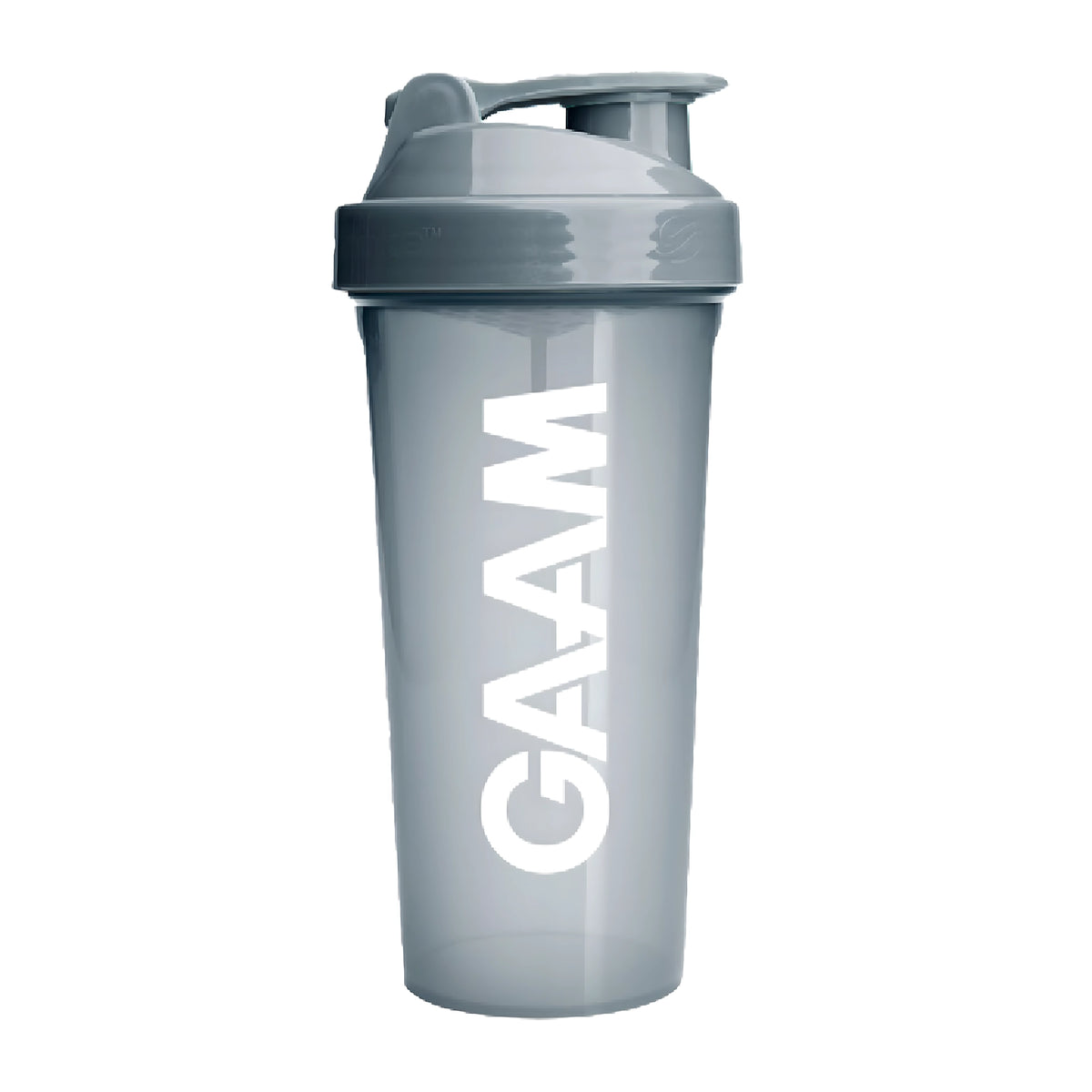 GAAM Shaker 800 ml läpikuultavan harmaana valkoisella logolla ja harmaalla kannella.