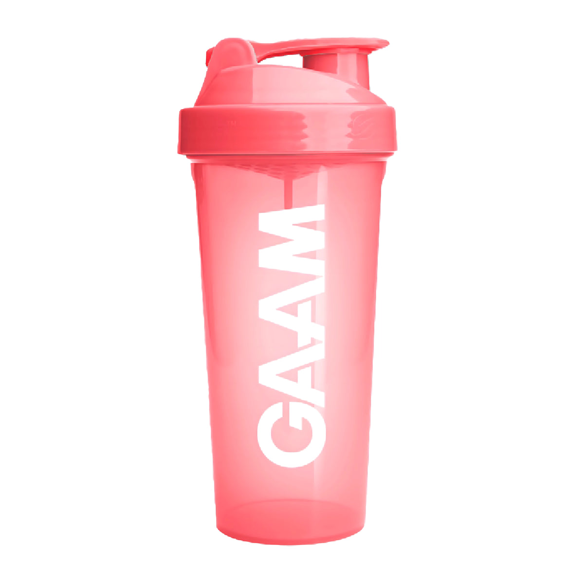 GAAM Shaker 800 ml läpinäkyvässä koralliroosassa värissä valkoisella logolla ja yhteensopivalla kannella.