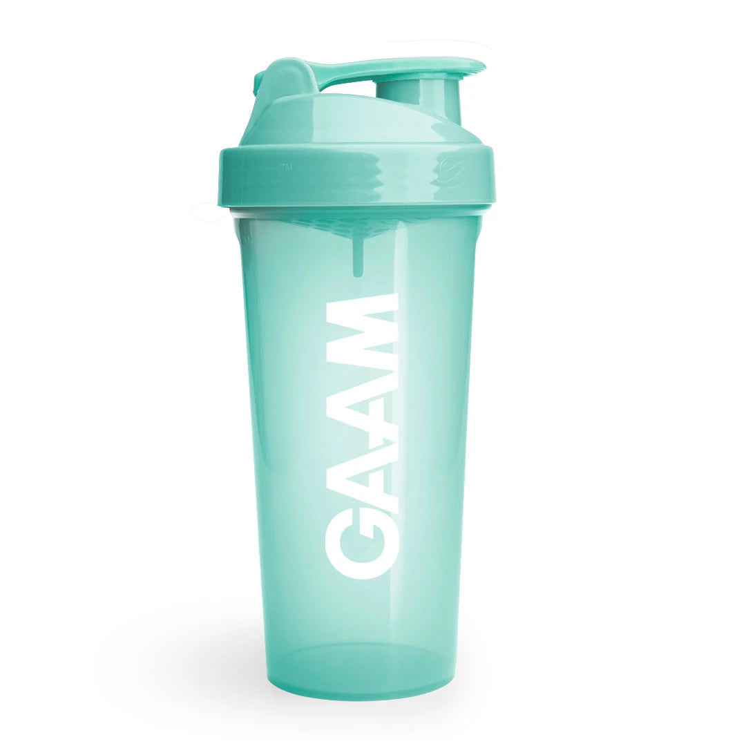 GAAM Shaker 800 ml Mint Green on läpinäkyvä, mintunvihreä treenipullo valkoisella logolla ja kierrekorkilla., kuva 3/6