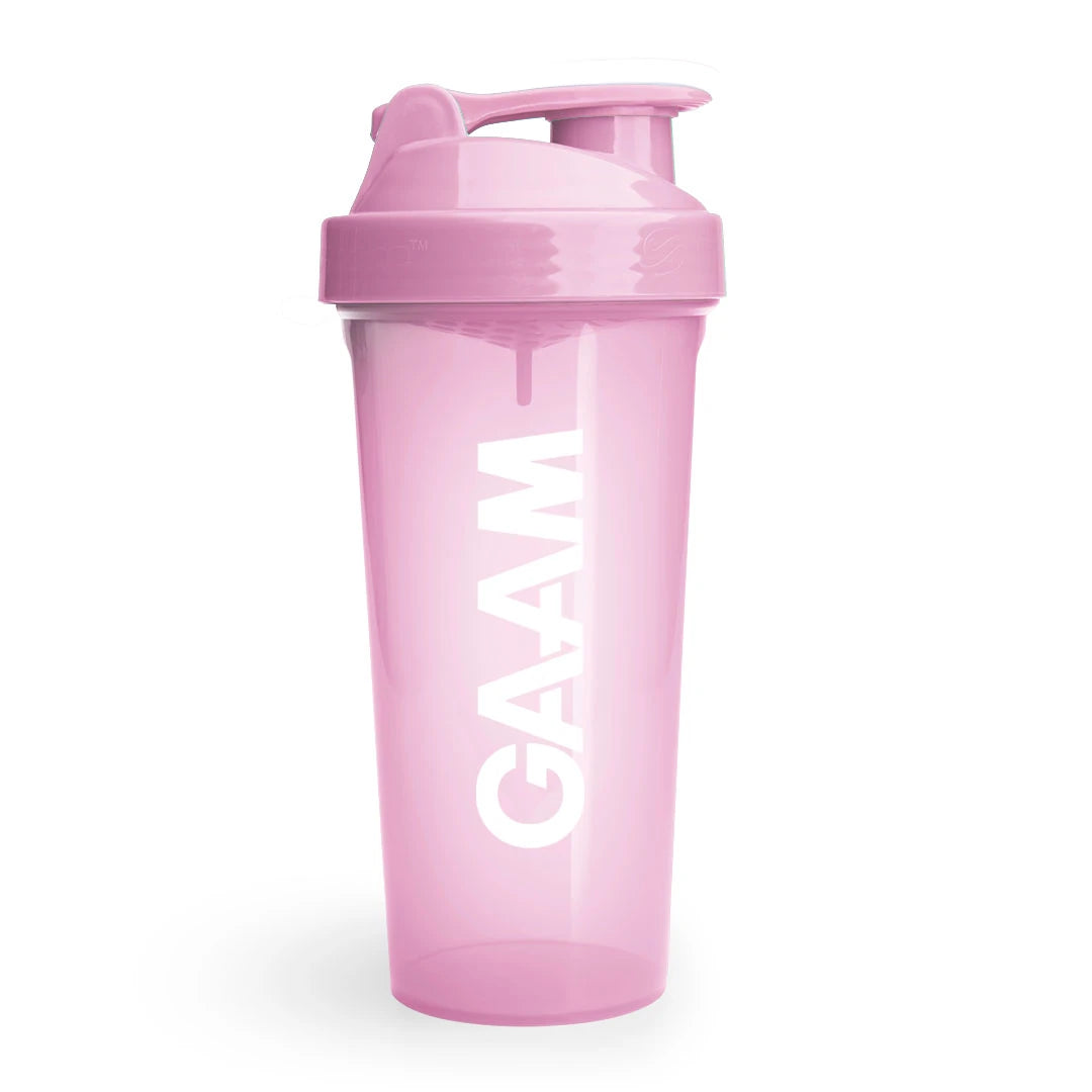 GAAM Shaker 800 ml läpinäkyvän vaaleanpunaisena valkoisella logolla ja vuotamattomalla korkilla treenijuomille., kuva 4/6