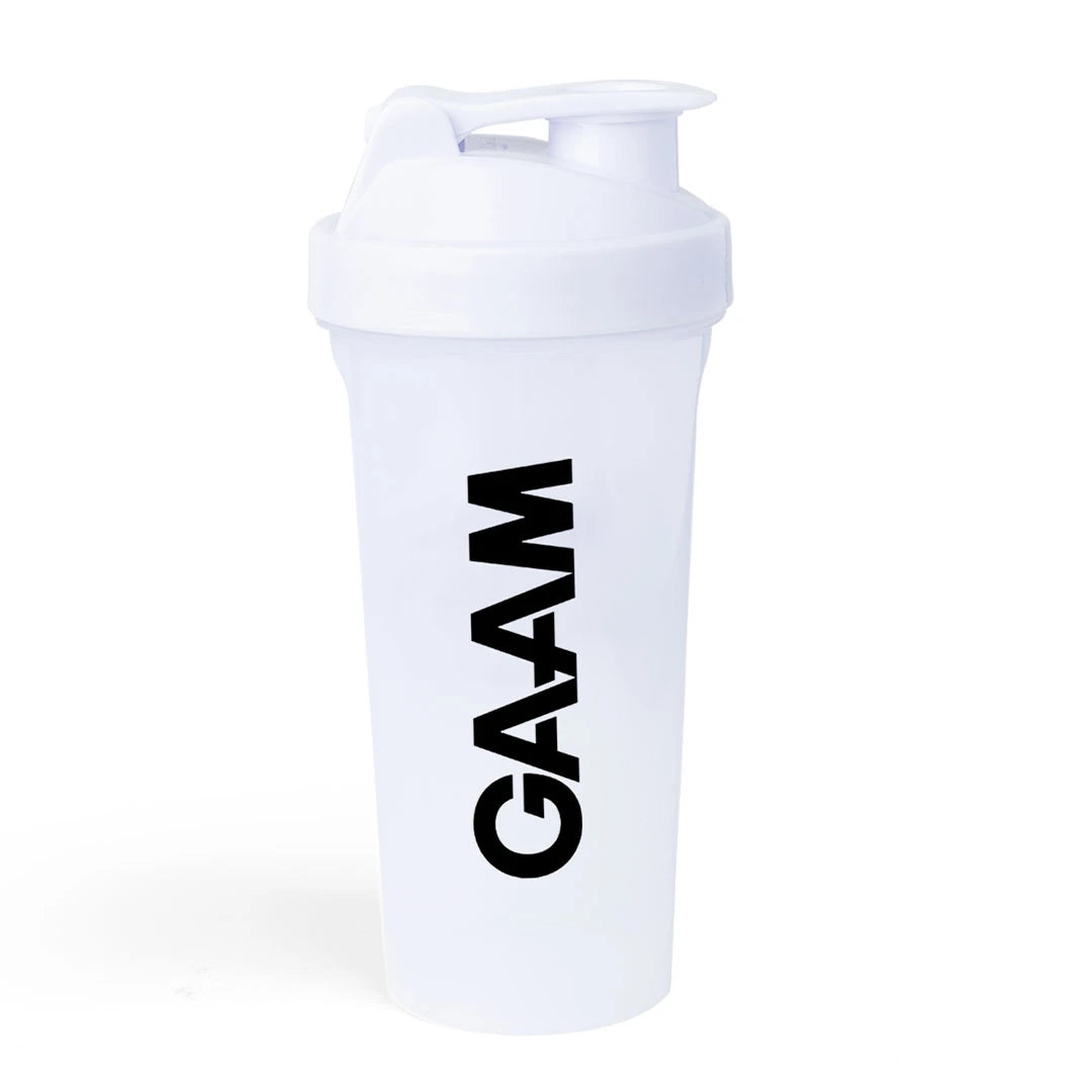 Valkoinen GAAM Shaker 800 ml, läpinäkyvä treenipullo mustalla logolla ja kierrekorkilla., kuva 5/6