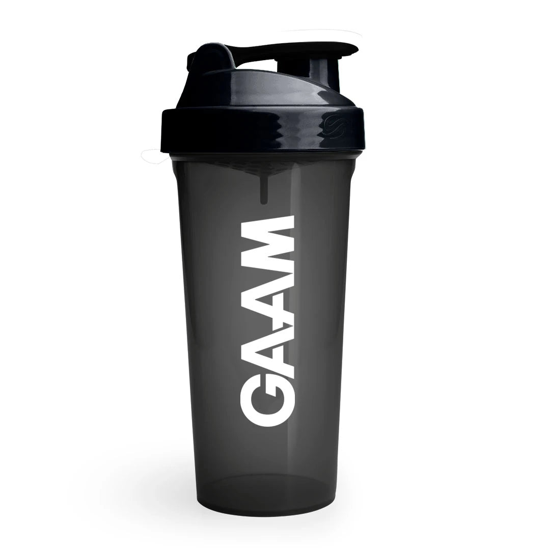 GAAM Shaker 800 ml läpinäkyvä musta treenishaker, jossa on musta kierrekorkki ja valkoinen logo., kuva 6/6