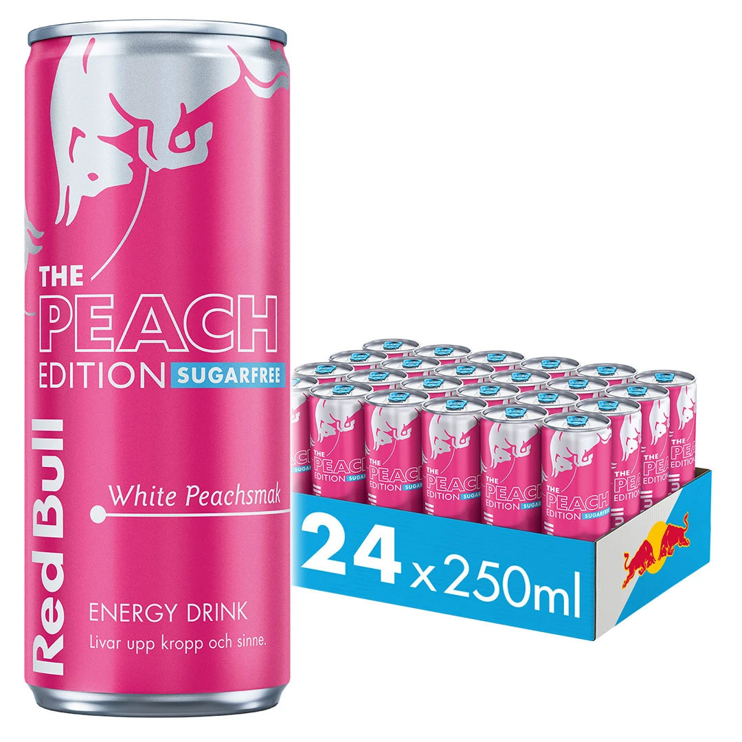 24 x Red Bull energiajuoma 250 ml Peach Edition Sugarfree - White Peach sinisessä laatikossa pinkeillä tölkeillä.