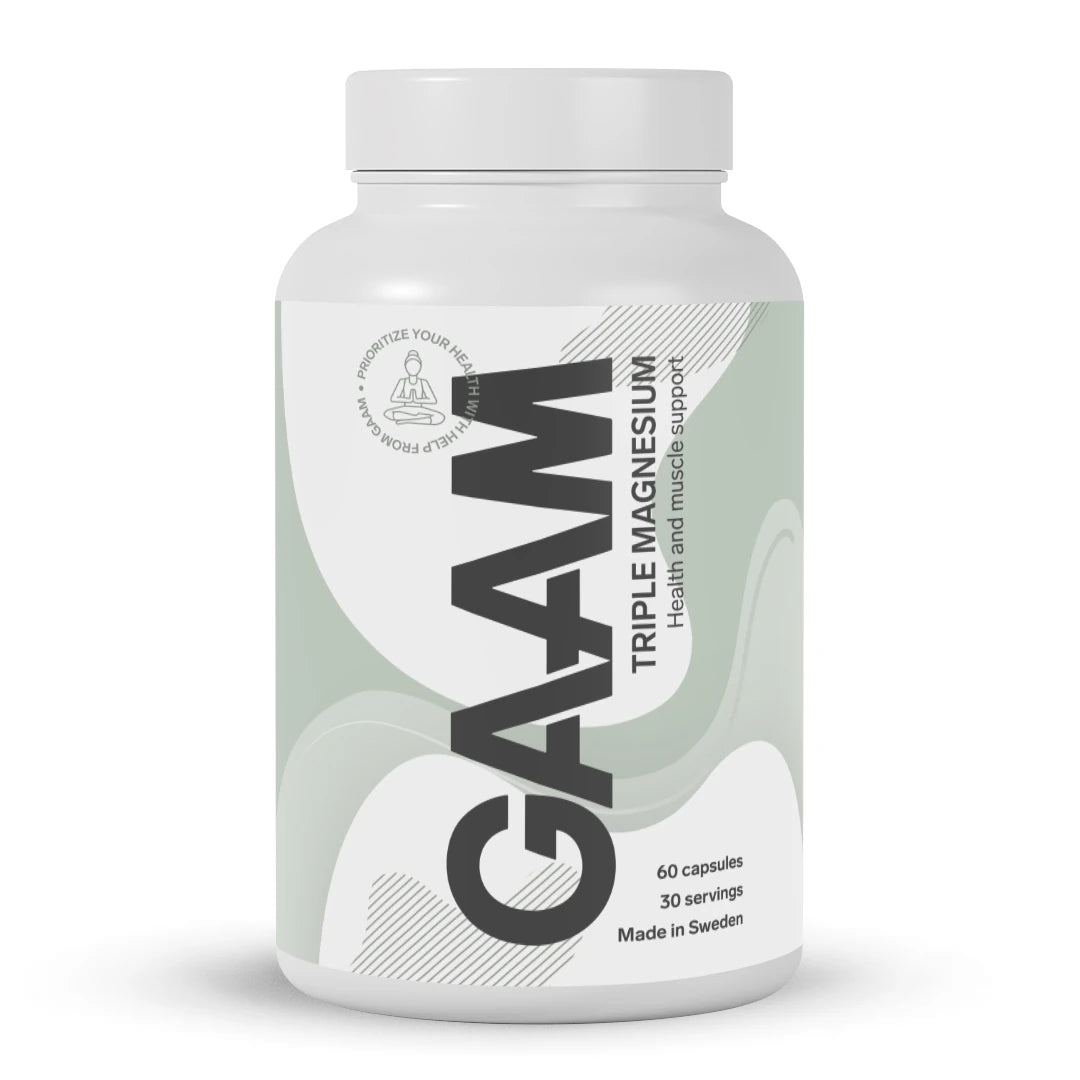 GAAM Triple Magnesium 60 caps -magnesiumravintolisä valkoisessa purkissa vaaleanvihreillä yksityiskohdilla.