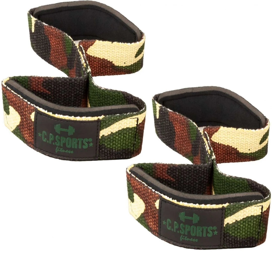 Maastokuvioidut puuvillaiset C.P. Sports Figure 8 Straps Lifting Loops Green Camo -vetoremmit raskaisiin nostoihin.