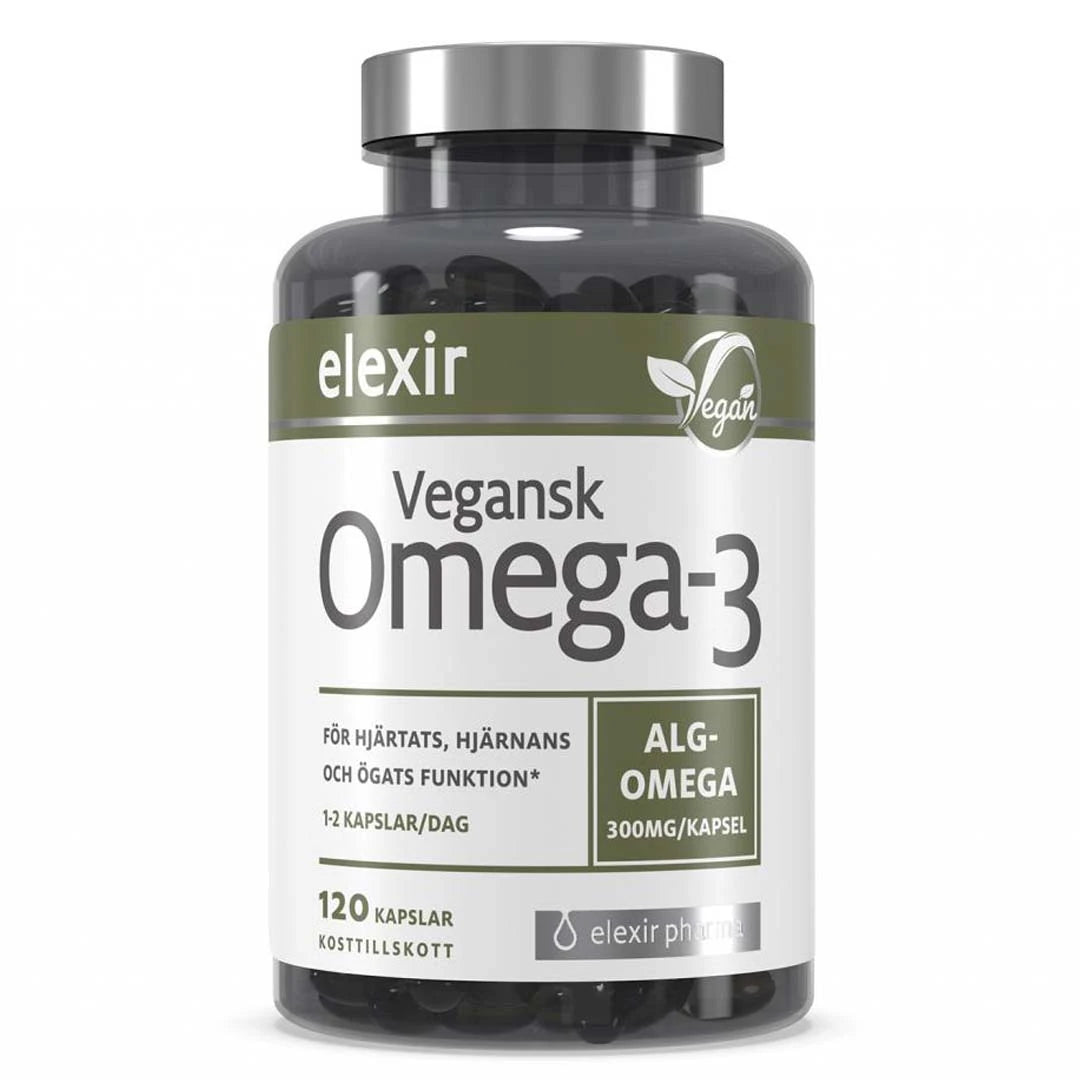 Elexir Pharma Vegan Omega-3 120 caps -ravintolisä tummassa purkissa hopeisella kannella ja vihreävalkoisella etiketillä.